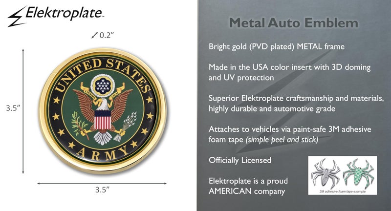 Elektroplate Officially Licensed United States Army Crest All Metal Gold Large Emblem for SUVs/Trucks | Universal Fit at 3.5" x 3.5" | Weatherproof - Image 3